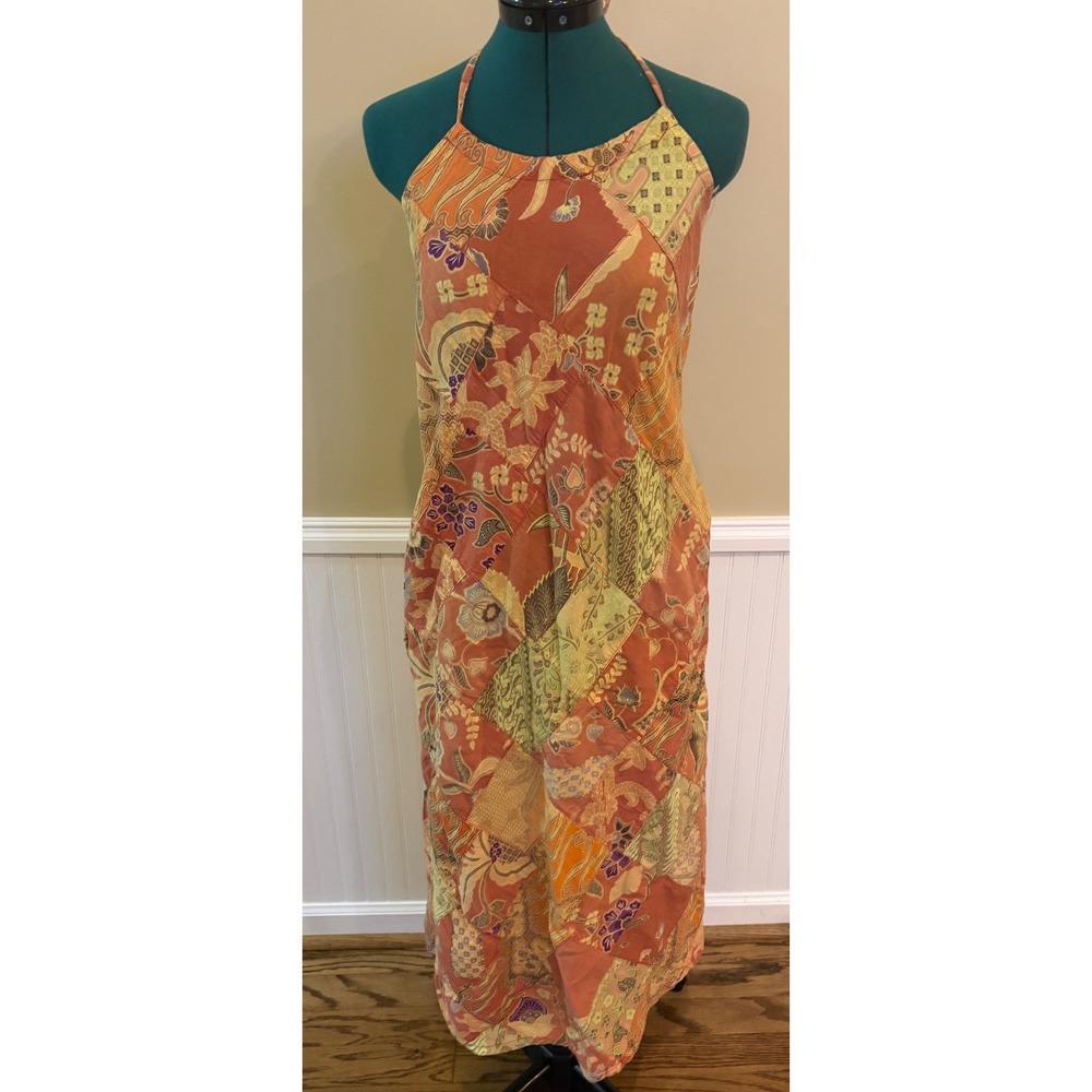 Cheeta Women's Orange Patchwork Floral Halter Maxi Dress Boho Festival Medium